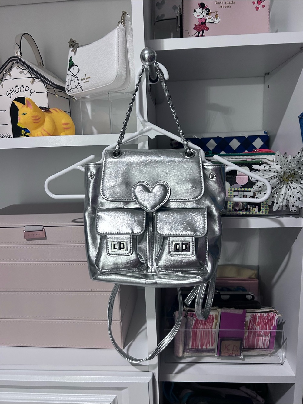 Silver Metallic Heart Accent Women's Backpack